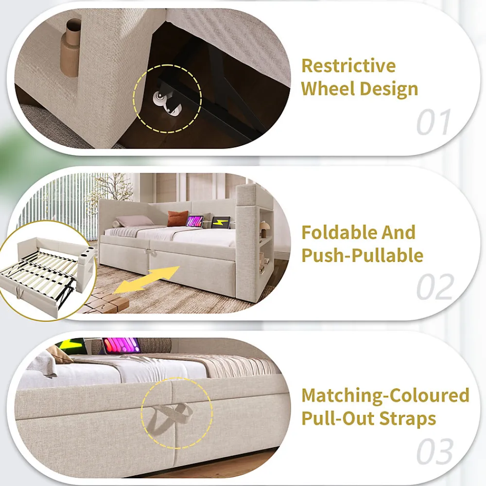 Lit Gigogne 90x200 cm - Lit Enfant avec Ports USB et Type-C, Porte-Gobelet, sans Matelas, Tissu Lin, Beige>Okwish Hot