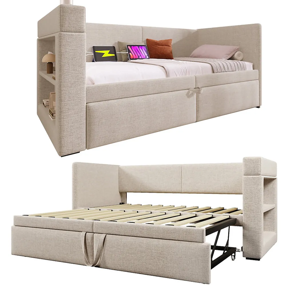 Lit Gigogne 90x200 cm - Lit Enfant avec Ports USB et Type-C, Porte-Gobelet, sans Matelas, Tissu Lin, Beige>Okwish Hot