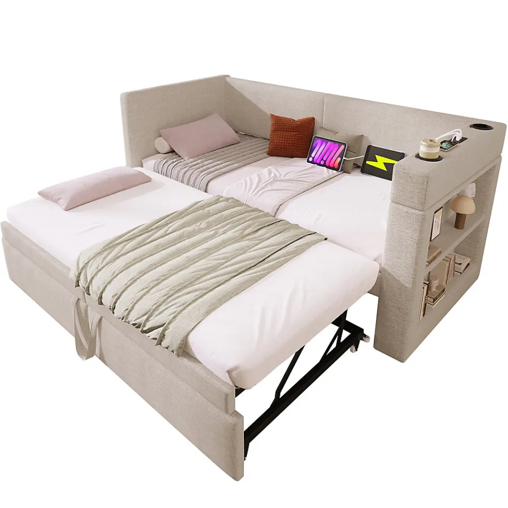 Lit Gigogne 90x200 cm - Lit Enfant avec Ports USB et Type-C, Porte-Gobelet, sans Matelas, Tissu Lin, Beige>Okwish Hot
