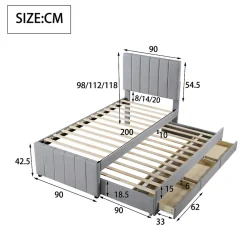 Lit Gigogne 90x200 cm - Lit enfant avec Tiroirs et Lit Gigogne, Revêtement en Lin, MDF et Métal - sans matelas - Gris><noscript><img width=