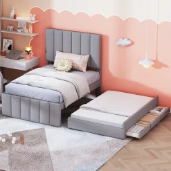 Lit Gigogne 90x200 cm - Lit enfant avec Tiroirs et Lit Gigogne, Revêtement en Lin, MDF et Métal - sans matelas - Gris><noscript><img width=