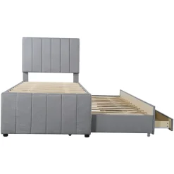 Lit Gigogne 90x200 cm - Lit enfant avec Tiroirs et Lit Gigogne, Revêtement en Lin, MDF et Métal - sans matelas - Gris><noscript><img width=