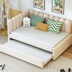 Lit Gigogne 140x200 cm - Lit Enfant Velours avec Rangement et Lit Extensible L-Forme, Sans Matelas, Beige>Okwish