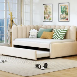 Lit Gigogne 140x200 cm - Lit Enfant Velours avec Rangement et Lit Extensible L-Forme, Sans Matelas, Beige>Okwish