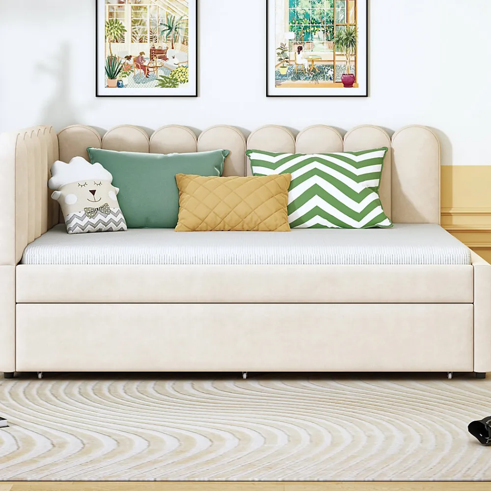 Lit Gigogne 140x200 cm - Lit Enfant Velours avec Rangement et Lit Extensible L-Forme, Sans Matelas, Beige>Okwish