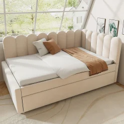 Lit Gigogne 140x200 cm - Lit Enfant Velours avec Rangement et Lit Extensible L-Forme, Sans Matelas, Beige><noscript><img width=