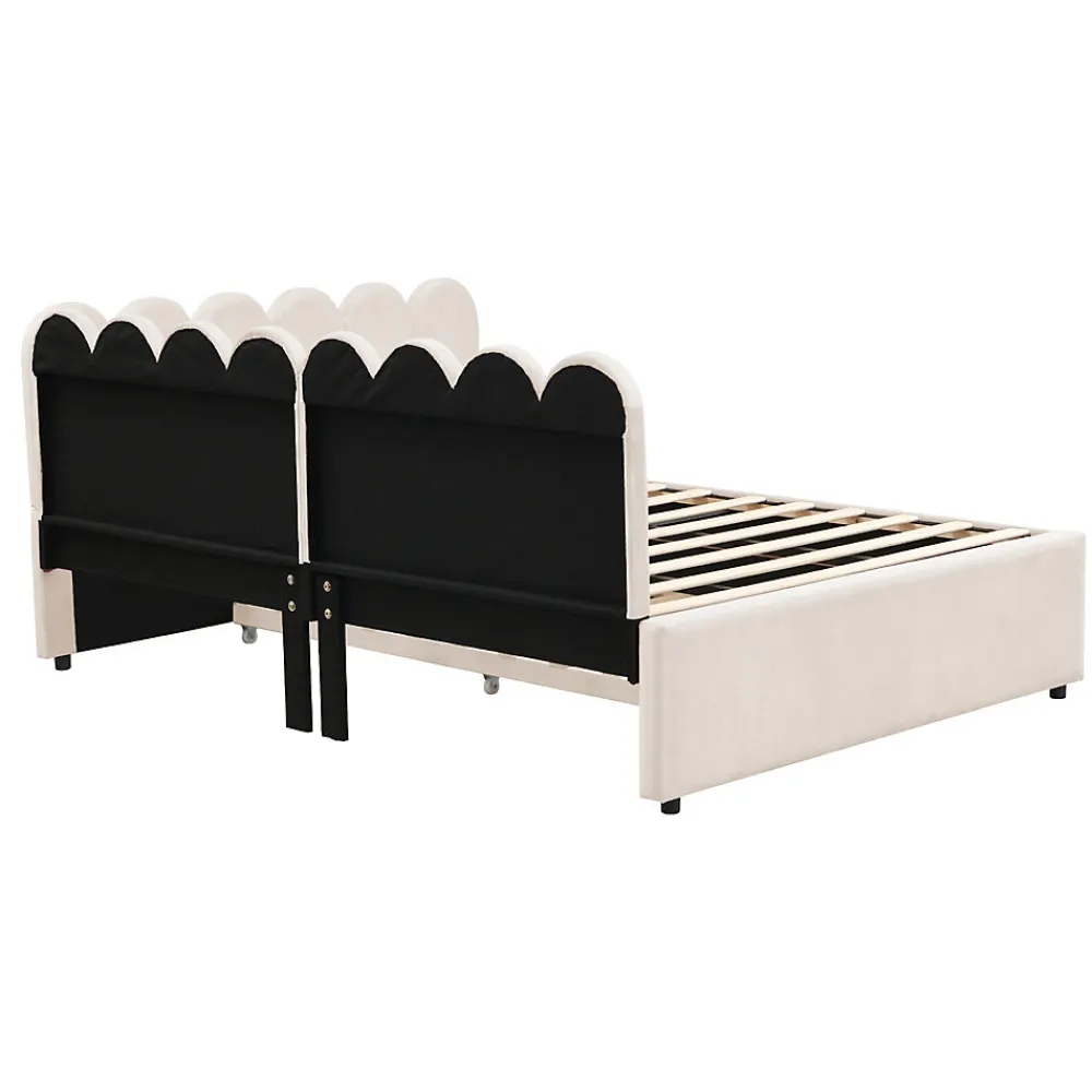 Lit Gigogne 140x200 cm - Lit Enfant Velours avec Rangement et Lit Extensible L-Forme, Sans Matelas, Beige>Okwish