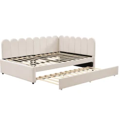 Lit Gigogne 140x200 cm - Lit Enfant Velours avec Rangement et Lit Extensible L-Forme, Sans Matelas, Beige><noscript><img width=