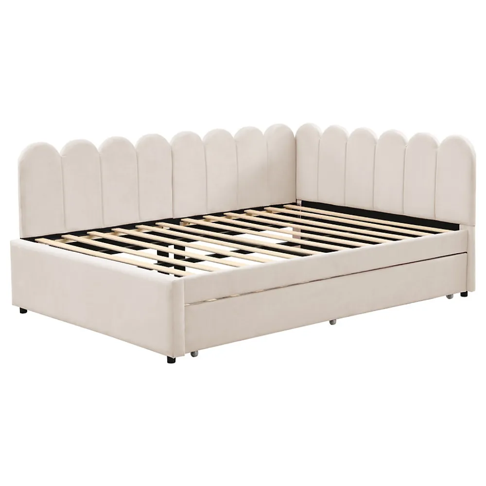 Lit Gigogne 140x200 cm - Lit Enfant Velours avec Rangement et Lit Extensible L-Forme, Sans Matelas, Beige>Okwish