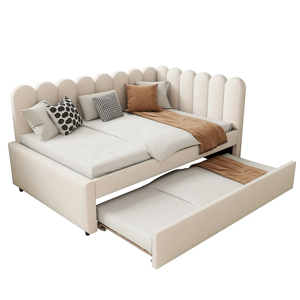 Lit Gigogne 140x200 cm - Lit Enfant Velours avec Rangement et Lit Extensible L-Forme, Sans Matelas, Beige>Okwish