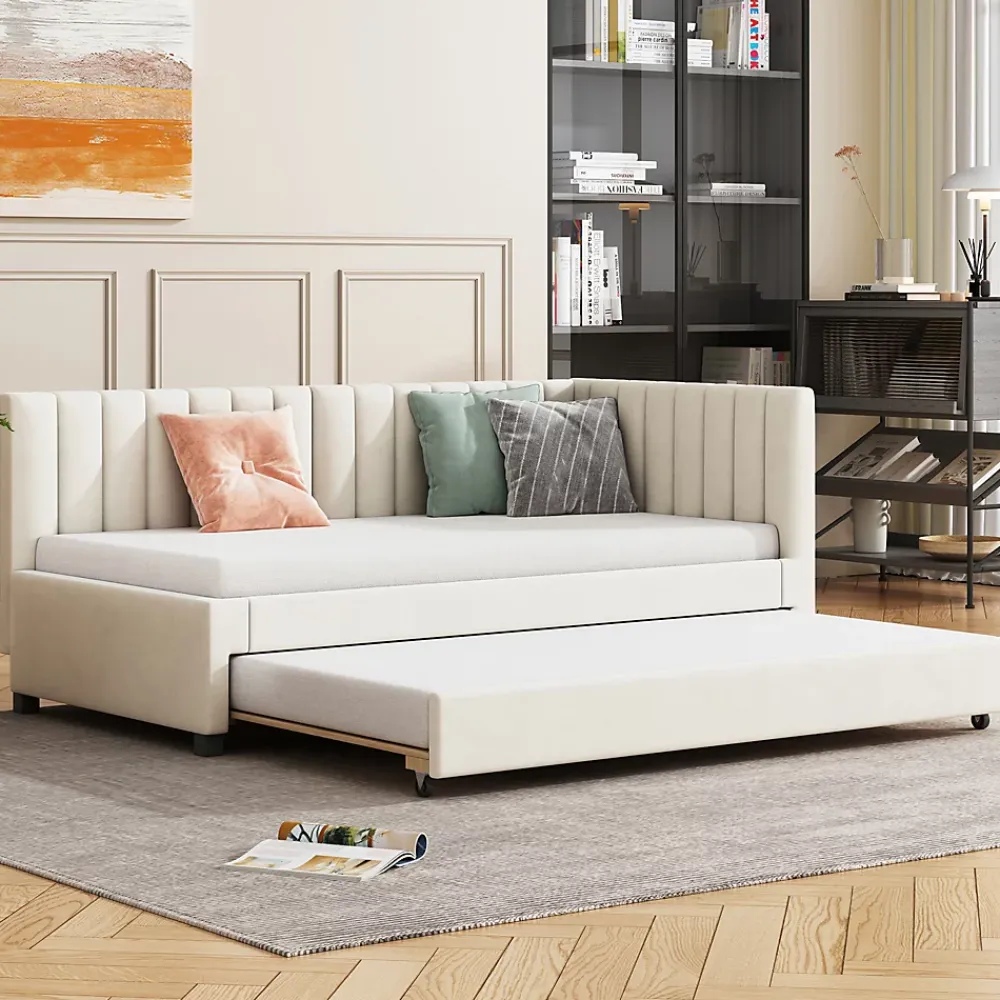 Okwish Lit Gigogne 90x200 cm - Lit enfant et d'Appoint avec Tiroir Intégré, Sommier À Lattes, Velours Beige* Lit Gigogne