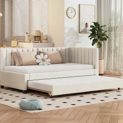 Okwish Lit Gigogne 90x200 cm - Lit enfant et d'Appoint avec Tiroir Intégré, Sommier À Lattes, Velours Beige* Lit Gigogne