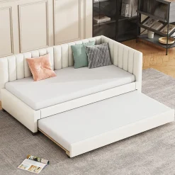 Okwish Lit Gigogne 90x200 cm - Lit enfant et d'Appoint avec Tiroir Intégré, Sommier À Lattes, Velours Beige* Lit Gigogne
