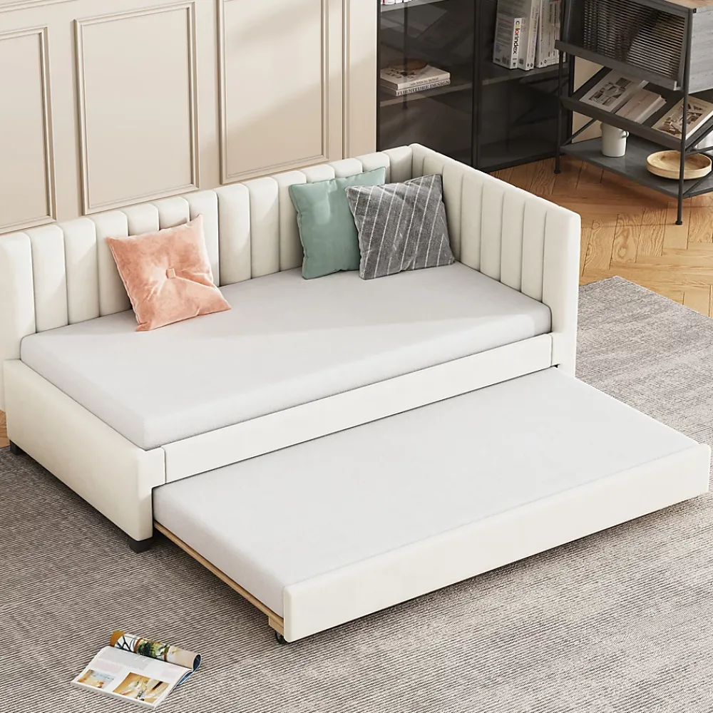 Okwish Lit Gigogne 90x200 cm - Lit enfant et d'Appoint avec Tiroir Intégré, Sommier À Lattes, Velours Beige* Lit Gigogne
