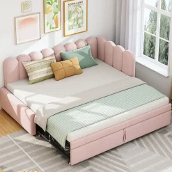 Lit Gigogne 90x200 cm - Lit Enfant Velours avec Rangement et Lit Extensible, 2-en-1 Multifonction, Sans Matelas, Rose>Okwish Clearance
