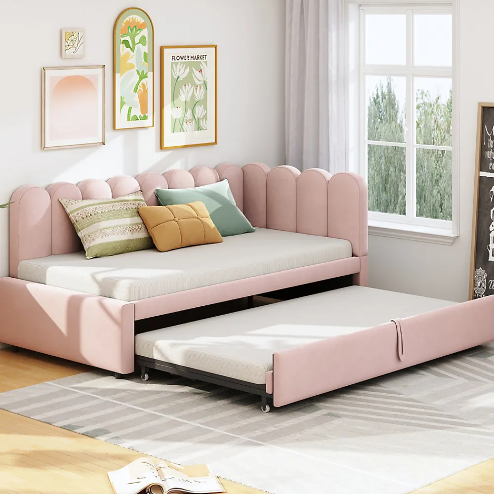 Lit Gigogne 90x200 cm - Lit Enfant Velours avec Rangement et Lit Extensible, 2-en-1 Multifonction, Sans Matelas, Rose>Okwish Clearance