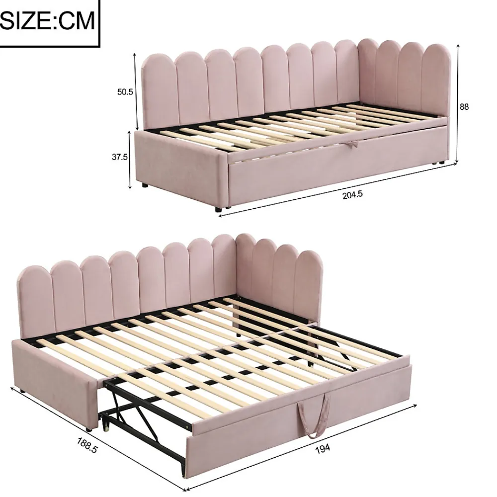 Lit Gigogne 90x200 cm - Lit Enfant Velours avec Rangement et Lit Extensible, 2-en-1 Multifonction, Sans Matelas, Rose>Okwish Clearance