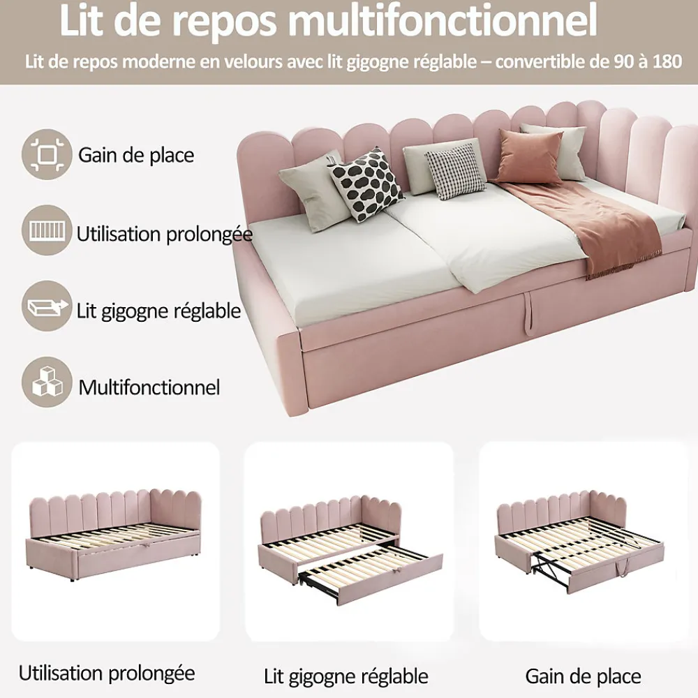 Lit Gigogne 90x200 cm - Lit Enfant Velours avec Rangement et Lit Extensible, 2-en-1 Multifonction, Sans Matelas, Rose>Okwish Clearance