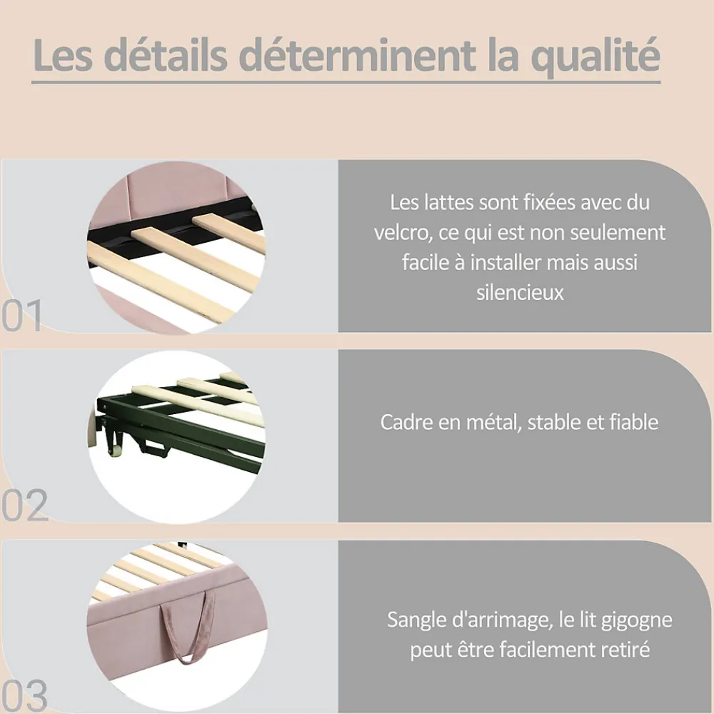 Lit Gigogne 90x200 cm - Lit Enfant Velours avec Rangement et Lit Extensible, 2-en-1 Multifonction, Sans Matelas, Rose>Okwish Clearance