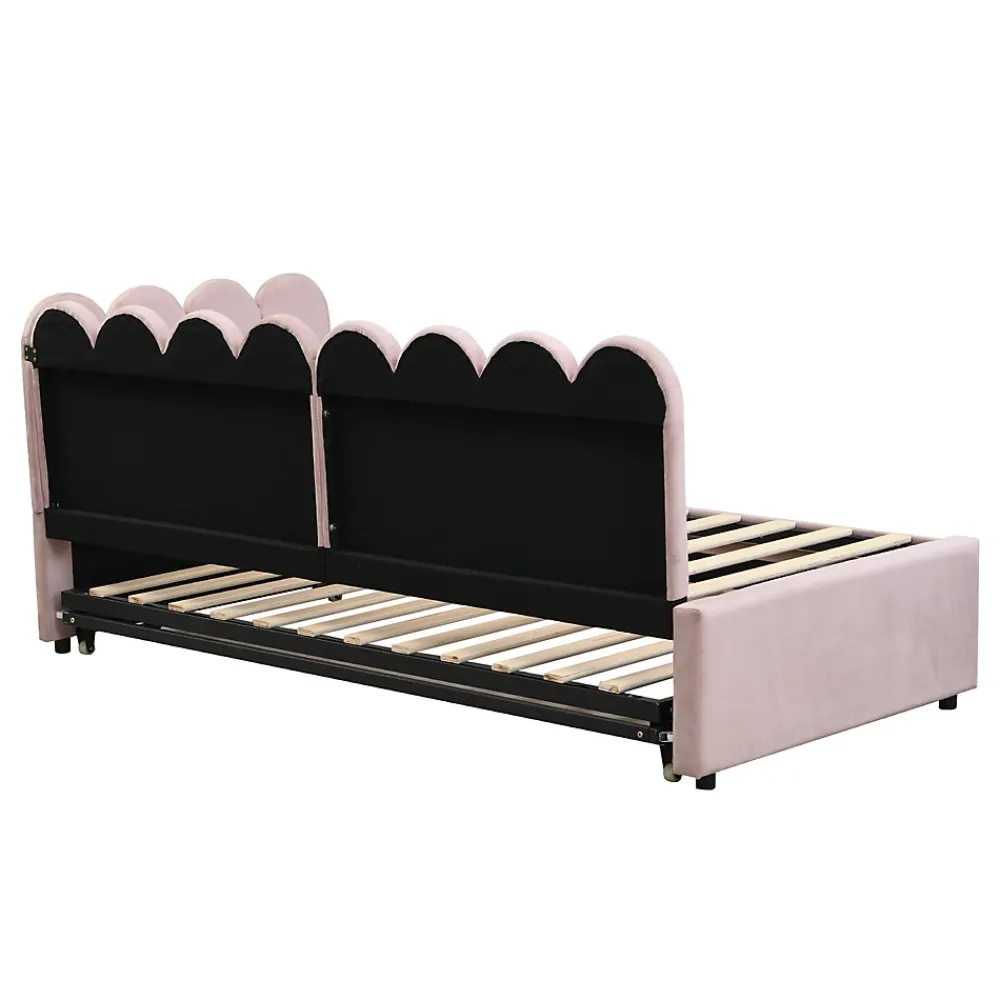 Lit Gigogne 90x200 cm - Lit Enfant Velours avec Rangement et Lit Extensible, 2-en-1 Multifonction, Sans Matelas, Rose>Okwish Clearance