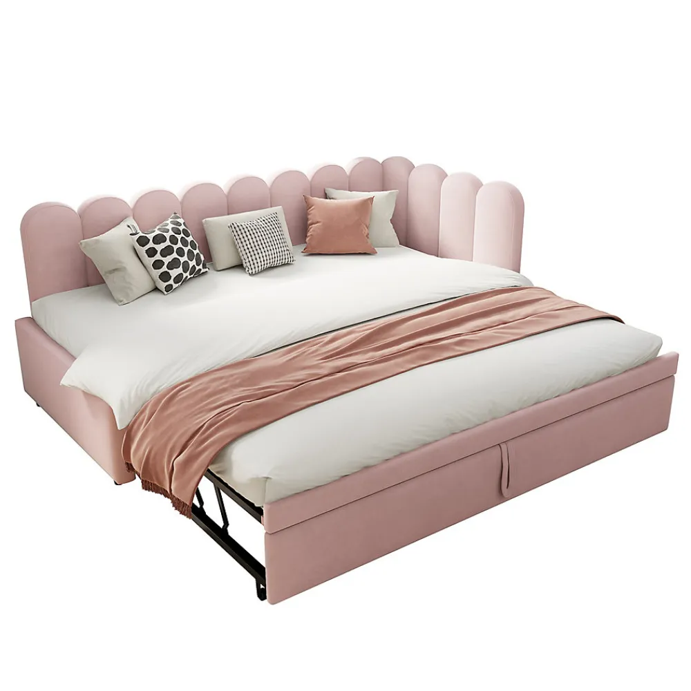 Lit Gigogne 90x200 cm - Lit Enfant Velours avec Rangement et Lit Extensible, 2-en-1 Multifonction, Sans Matelas, Rose>Okwish Clearance
