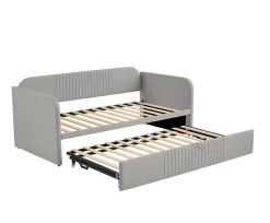 Lit gigogne 90/180x190 cm - Lit extensible avec tiroir de rangement - Tissu lin respirant gris clair><noscript><img width=