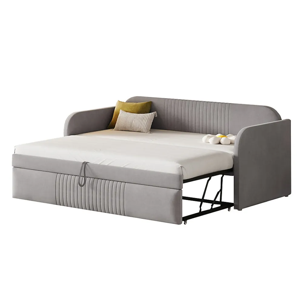 Lit gigogne 90/180x190 cm - Lit extensible avec tiroir de rangement - Tissu lin respirant gris clair>Okwish Discount
