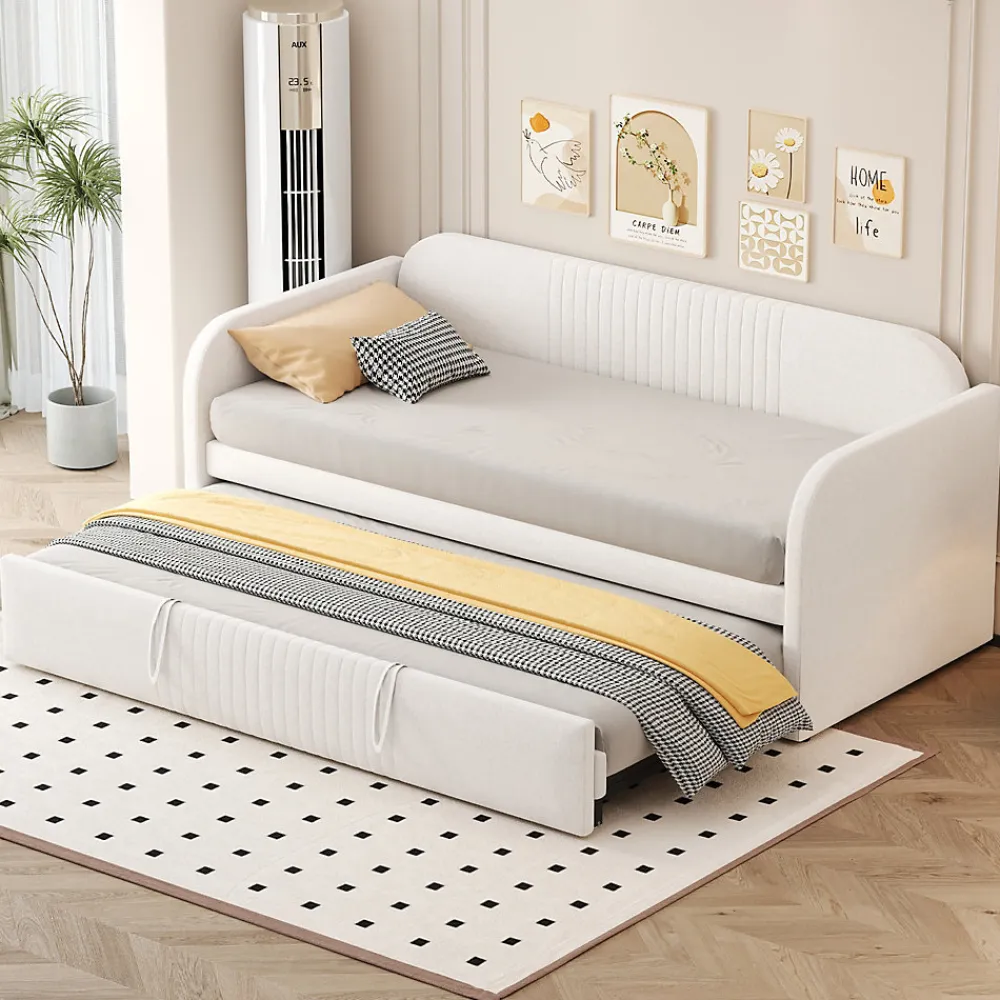 Lit gigogne 90/180x190 cm - Lit extensible avec sommier à lattes - Tissu lin respirant Beige, sans matelas>Okwish Sale