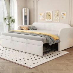 Lit gigogne 90/180x190 cm - Lit extensible avec sommier à lattes - Tissu lin respirant Beige, sans matelas><noscript><img width=