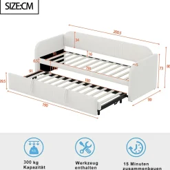 Lit gigogne 90/180x190 cm - Lit extensible avec sommier à lattes - Tissu lin respirant Beige, sans matelas><noscript><img width=
