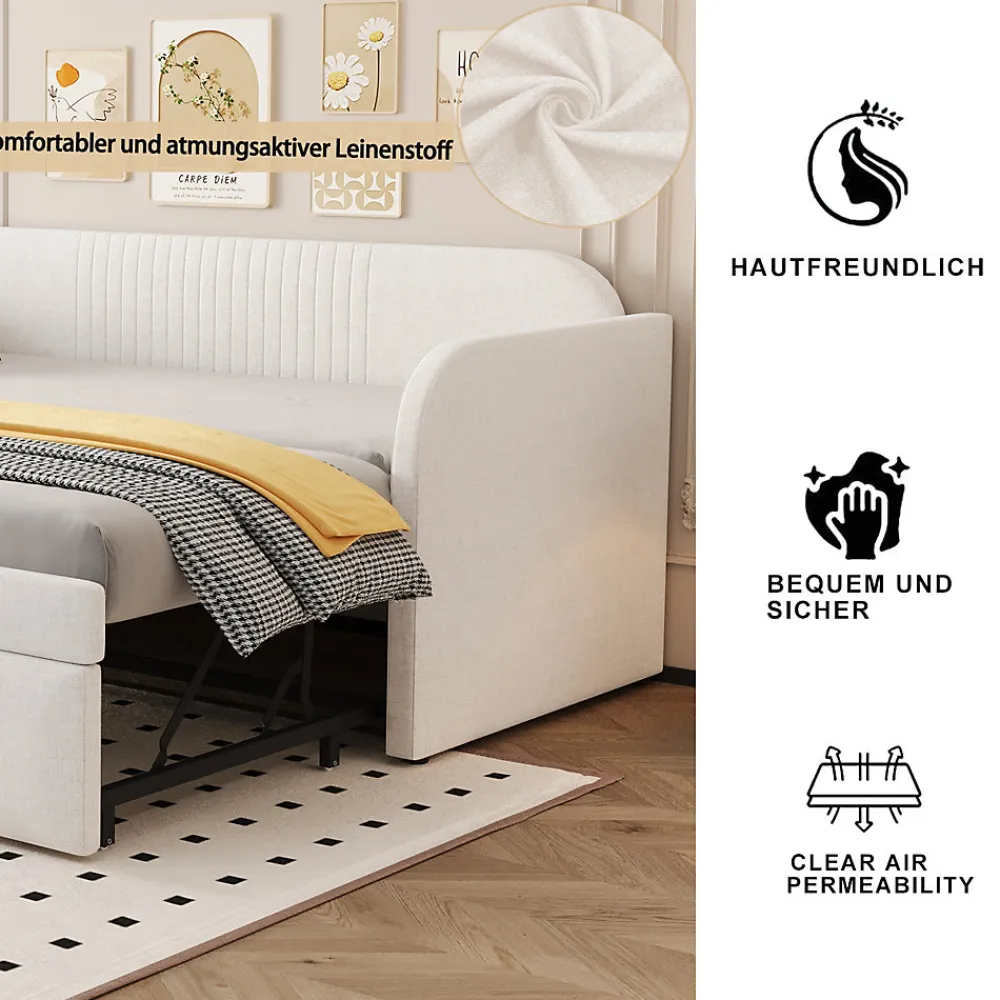 Lit gigogne 90/180x190 cm - Lit extensible avec sommier à lattes - Tissu lin respirant Beige, sans matelas>Okwish Sale