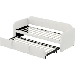 Lit gigogne 90/180x190 cm - Lit extensible avec sommier à lattes - Tissu lin respirant Beige, sans matelas><noscript><img width=