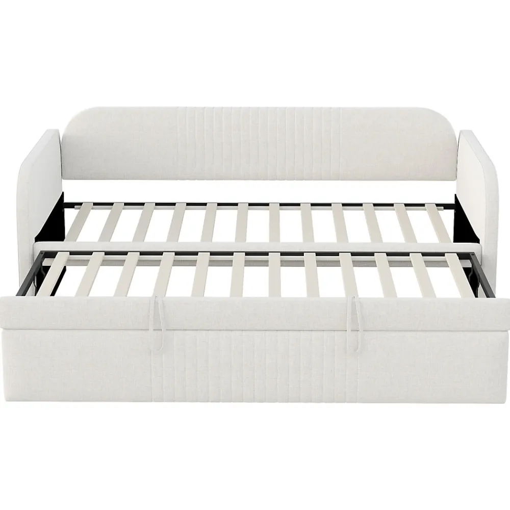 Lit gigogne 90/180x190 cm - Lit extensible avec sommier à lattes - Tissu lin respirant Beige, sans matelas>Okwish Sale