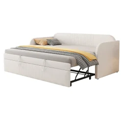 Lit gigogne 90/180x190 cm - Lit extensible avec sommier à lattes - Tissu lin respirant Beige, sans matelas><noscript><img width=