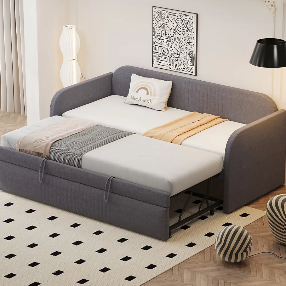 Okwish Lit gigogne 90/180x190 cm - Lit extensible avec tiroir et sommier à lattes - Tissu lin respirant Gris* Lit Gigogne