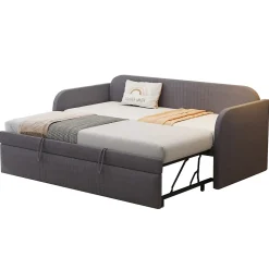 Okwish Lit gigogne 90/180x190 cm - Lit extensible avec tiroir et sommier à lattes - Tissu lin respirant Gris* Lit Gigogne