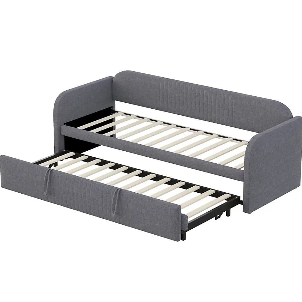 Okwish Lit gigogne 90/180x190 cm - Lit extensible avec tiroir et sommier à lattes - Tissu lin respirant Gris* Lit Gigogne