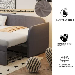 Okwish Lit gigogne 90/180x190 cm - Lit extensible avec tiroir et sommier à lattes - Tissu lin respirant Gris* Lit Gigogne