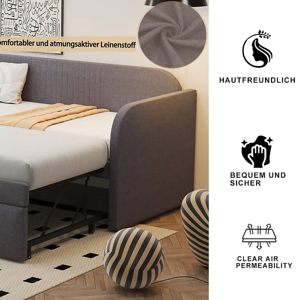 Okwish Lit gigogne 90/180x190 cm - Lit extensible avec tiroir et sommier à lattes - Tissu lin respirant Gris* Lit Gigogne