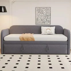 Okwish Lit gigogne 90/180x190 cm - Lit extensible avec tiroir et sommier à lattes - Tissu lin respirant Gris* Lit Gigogne