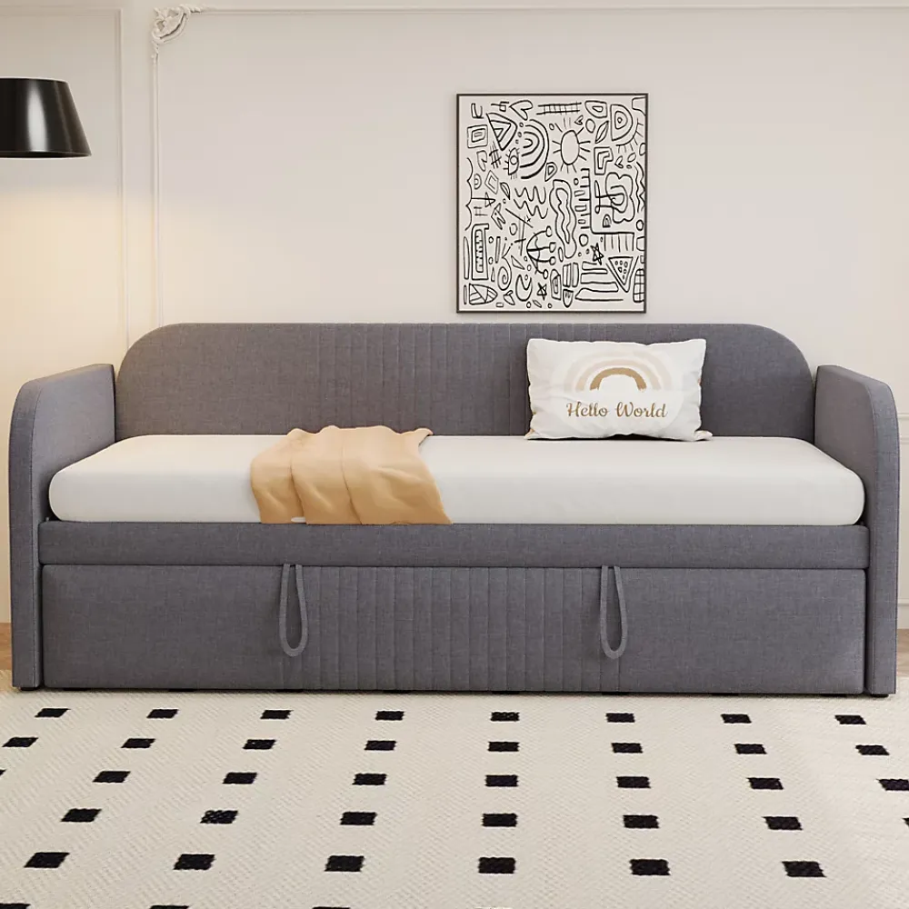 Okwish Lit gigogne 90/180x190 cm - Lit extensible avec tiroir et sommier à lattes - Tissu lin respirant Gris* Lit Gigogne