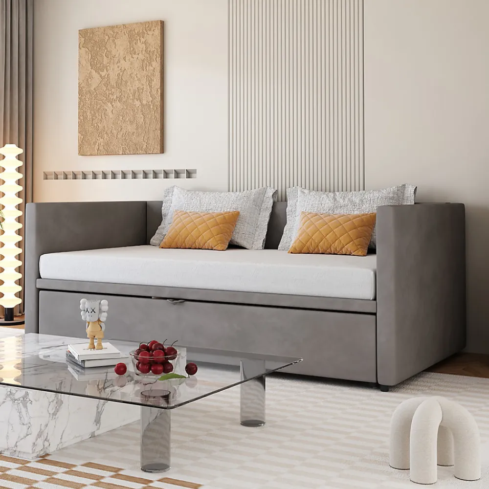 Lit Gigogne 90/180x200 cm - Lit Multifonction avec Sommier À Lattes, Convertible en deux Lits, Sans Matelas - Gris>Okwish New
