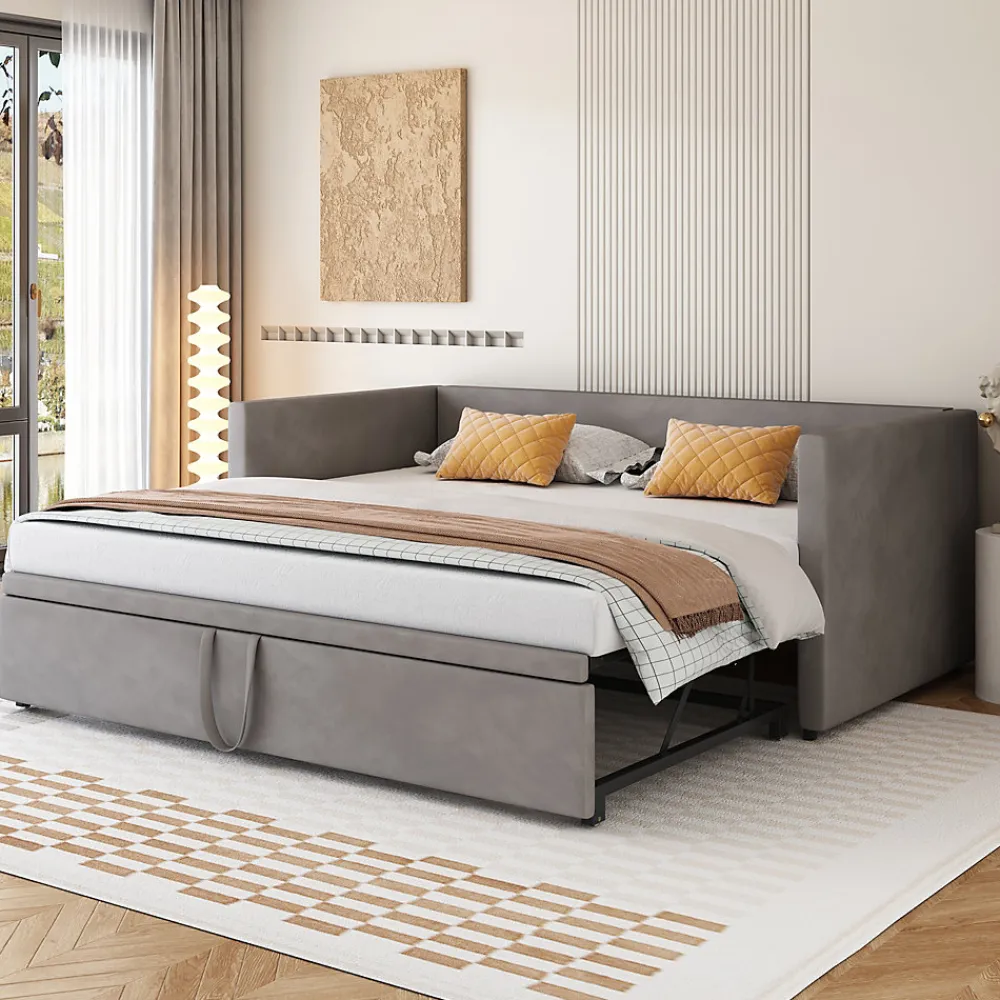 Lit Gigogne 90/180x200 cm - Lit Multifonction avec Sommier À Lattes, Convertible en deux Lits, Sans Matelas - Gris>Okwish New
