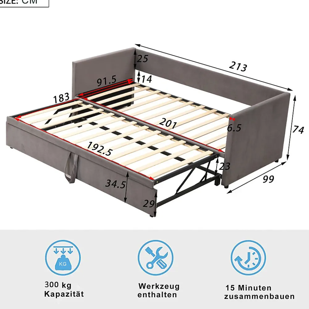Lit Gigogne 90/180x200 cm - Lit Multifonction avec Sommier À Lattes, Convertible en deux Lits, Sans Matelas - Gris>Okwish New
