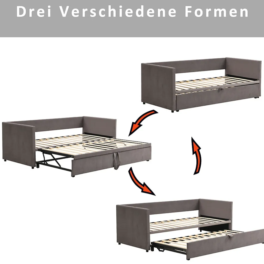 Lit Gigogne 90/180x200 cm - Lit Multifonction avec Sommier À Lattes, Convertible en deux Lits, Sans Matelas - Gris>Okwish New