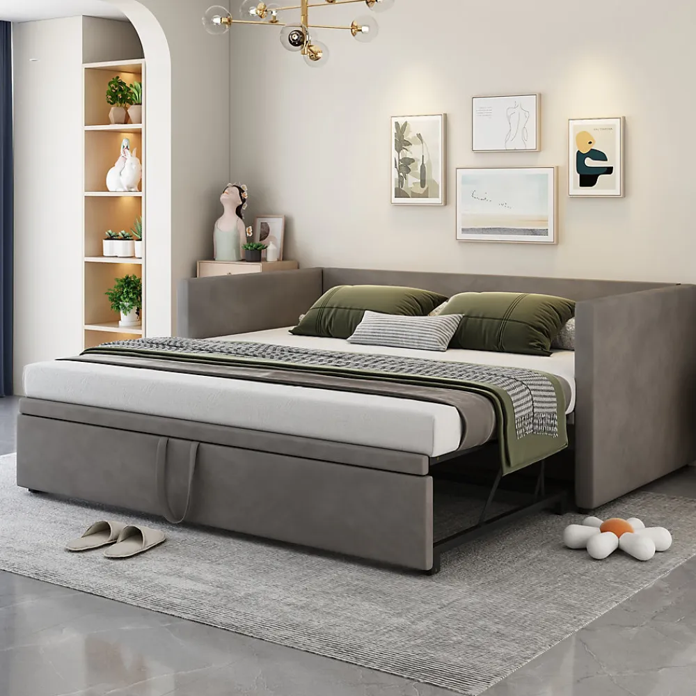 Lit Gigogne 90/180x200 cm - Lit Multifonction avec Sommier À Lattes, Convertible en deux Lits, Sans Matelas - Gris>Okwish New