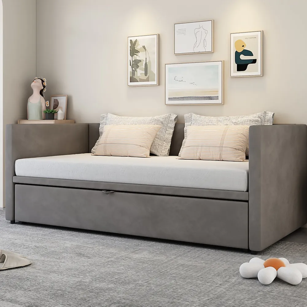 Lit Gigogne 90/180x200 cm - Lit Multifonction avec Sommier À Lattes, Convertible en deux Lits, Sans Matelas - Gris>Okwish New