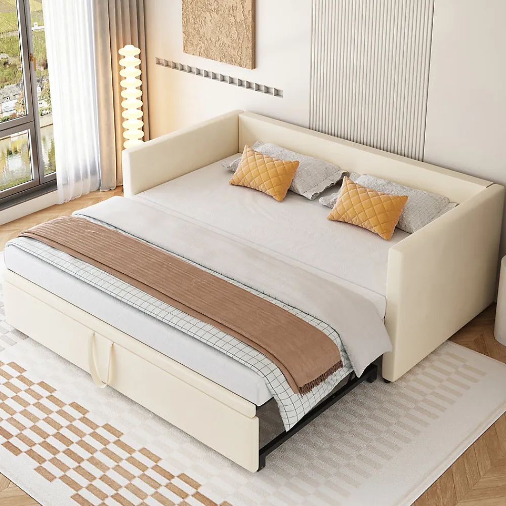 Lit Gigogne 90/180x200 cm - Lit Multifonction avec Sommier À Lattes, Sans Matelas, Velours Doux - Beige>Okwish New