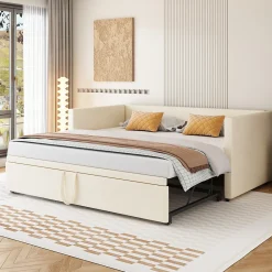 Lit Gigogne 90/180x200 cm - Lit Multifonction avec Sommier À Lattes, Sans Matelas, Velours Doux - Beige><noscript><img width=