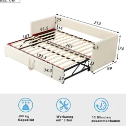 Lit Gigogne 90/180x200 cm - Lit Multifonction avec Sommier À Lattes, Sans Matelas, Velours Doux - Beige><noscript><img width=